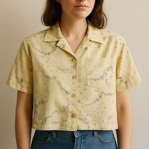 Vintage Tap & Co Button Up Shirt Yellow Embroidered Floral Size M Cottagecore